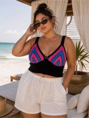 Black Crochet Bralette Top with Pink & Blue Accents
